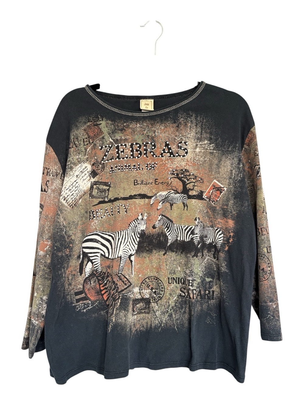 Jess & Jane Zebra Safari Graphic Top 1X Black Animal Print Art Tee Made in USA